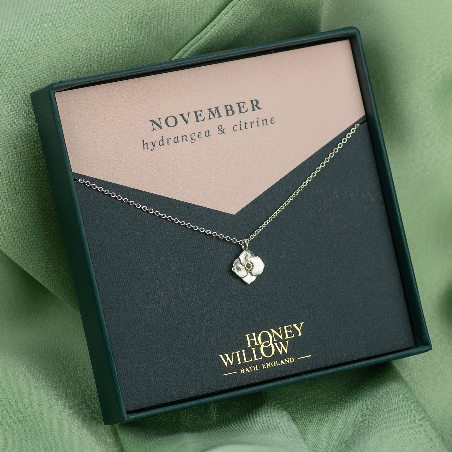 November Birth Flower & Birthstone Necklace - Hydrangea - Silver