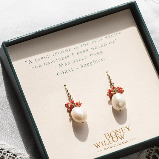 Jane Austen Inspired - Coral & Pearl Earrings - Silver & Gold