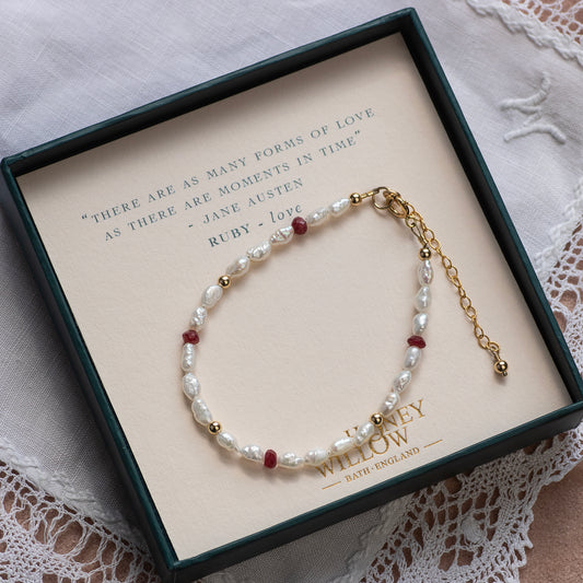 Jane Austen Inspired - Pearl and Ruby Bracelet - Silver & Gold