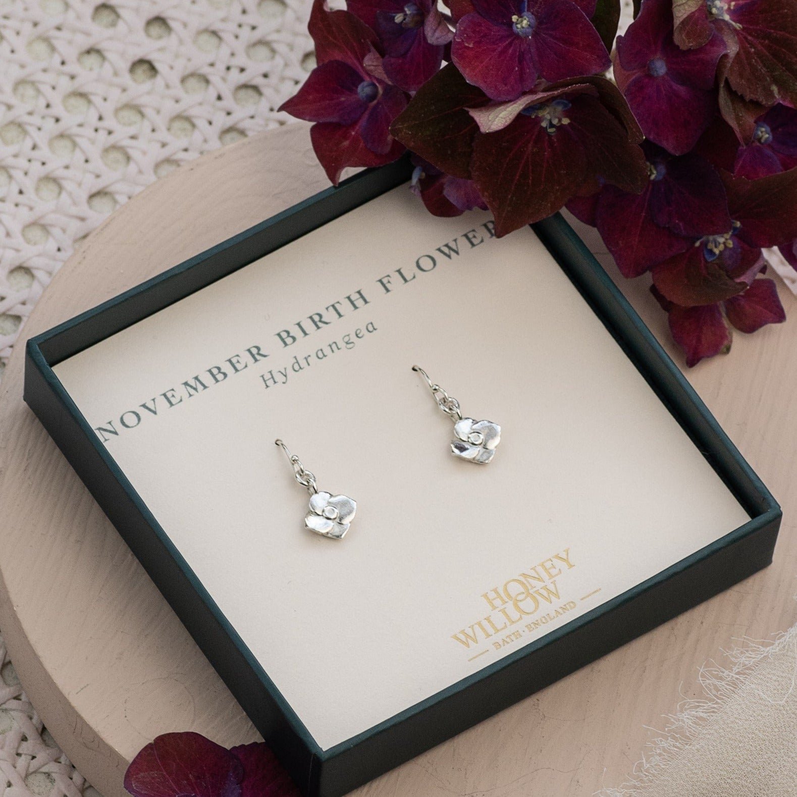 November Birth Flower Earrings - Hydrangea - Silver