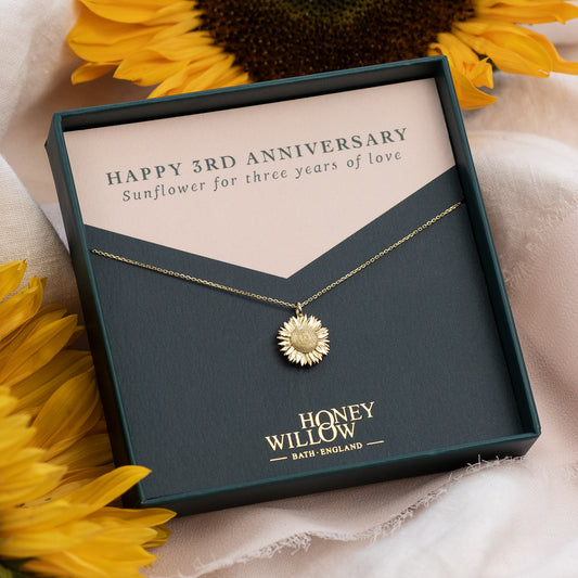 3rd Anniversary Gift - Sunflower Necklace - 9kt Gold