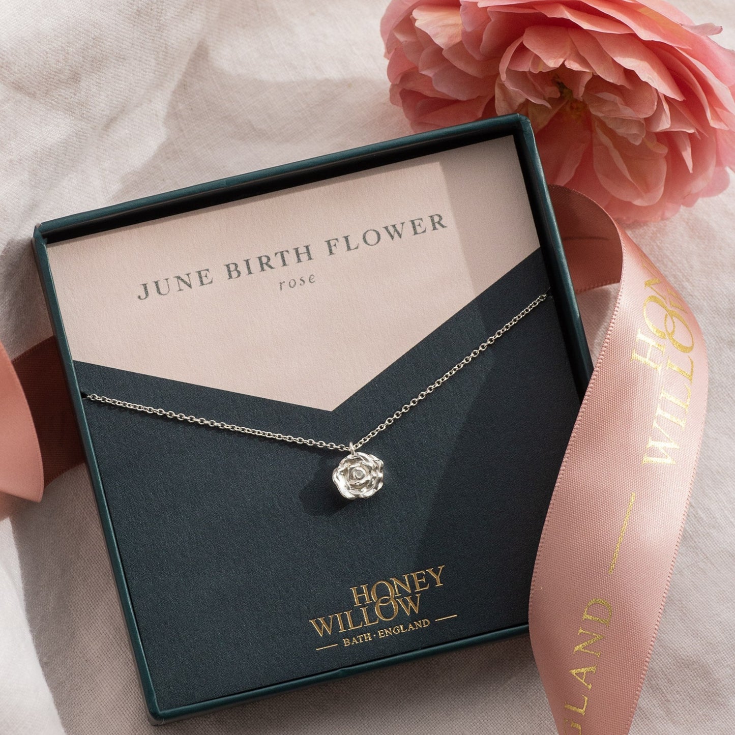 June Birth Flower Necklace - Rose - Silver