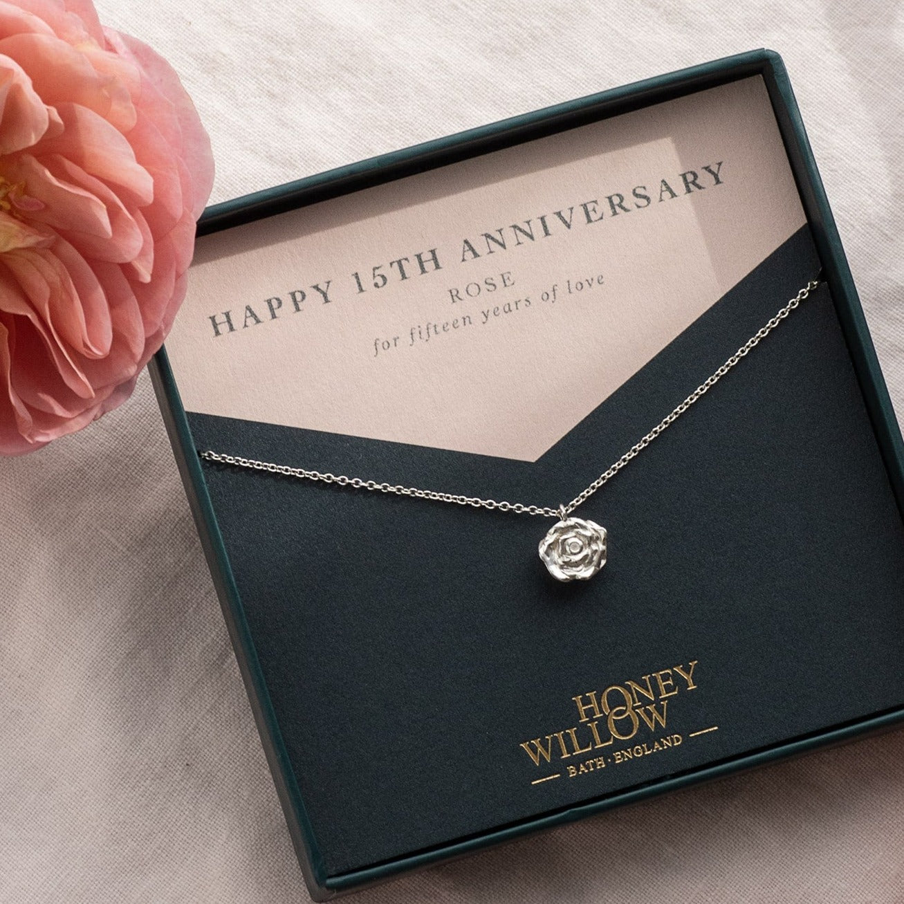 15th Anniversary Gift - Rose Necklace - Silver