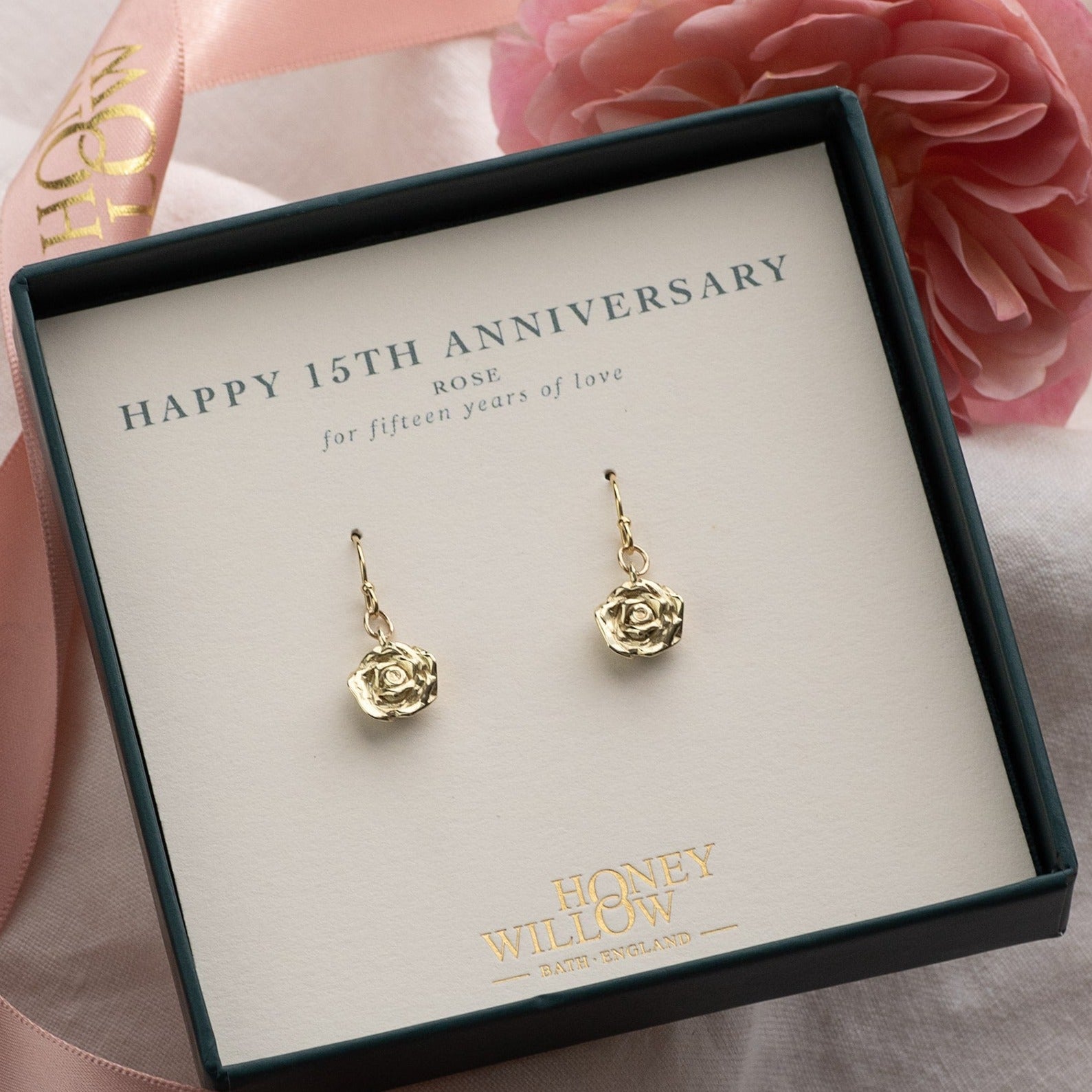 15th Anniversary Gift - Rose Earrings - 9kt Gold