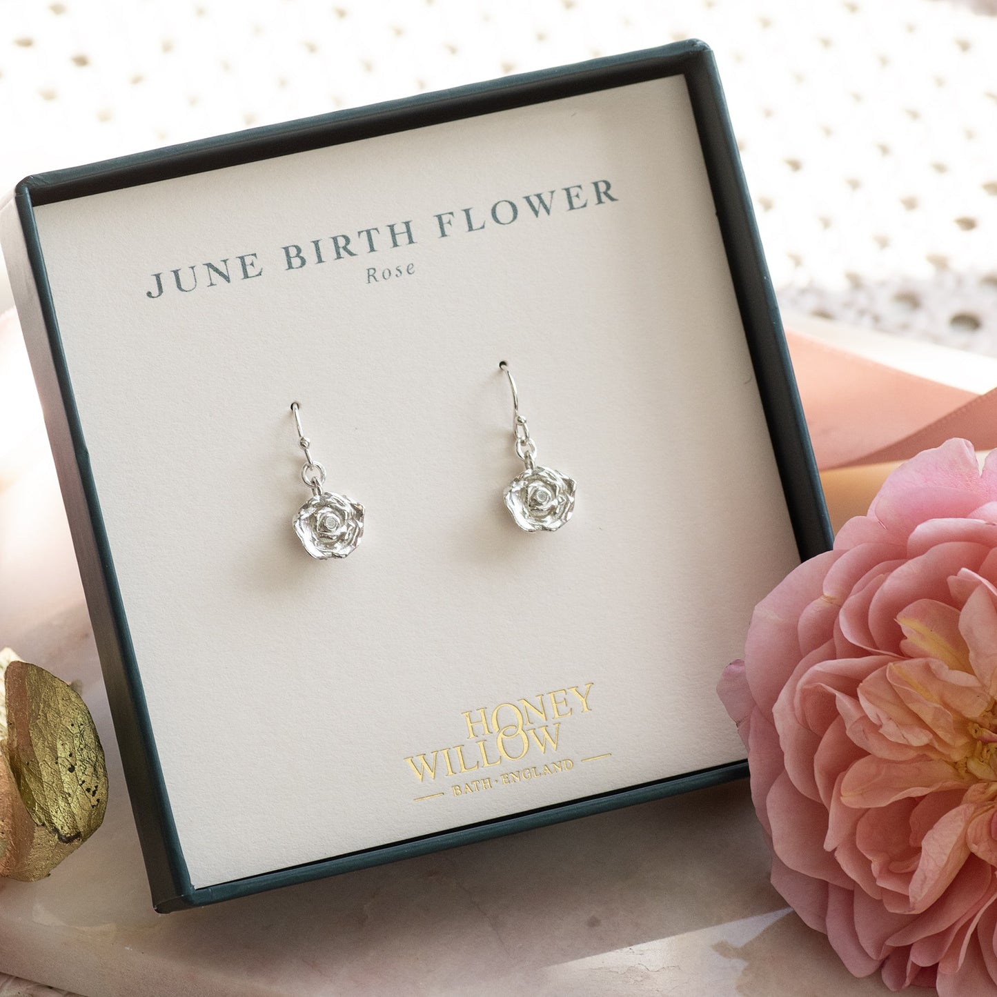 June Birth Flower Earrings - Rose - Silver