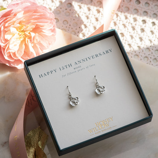15th Anniversary Gift - Rose Earrings - Silver
