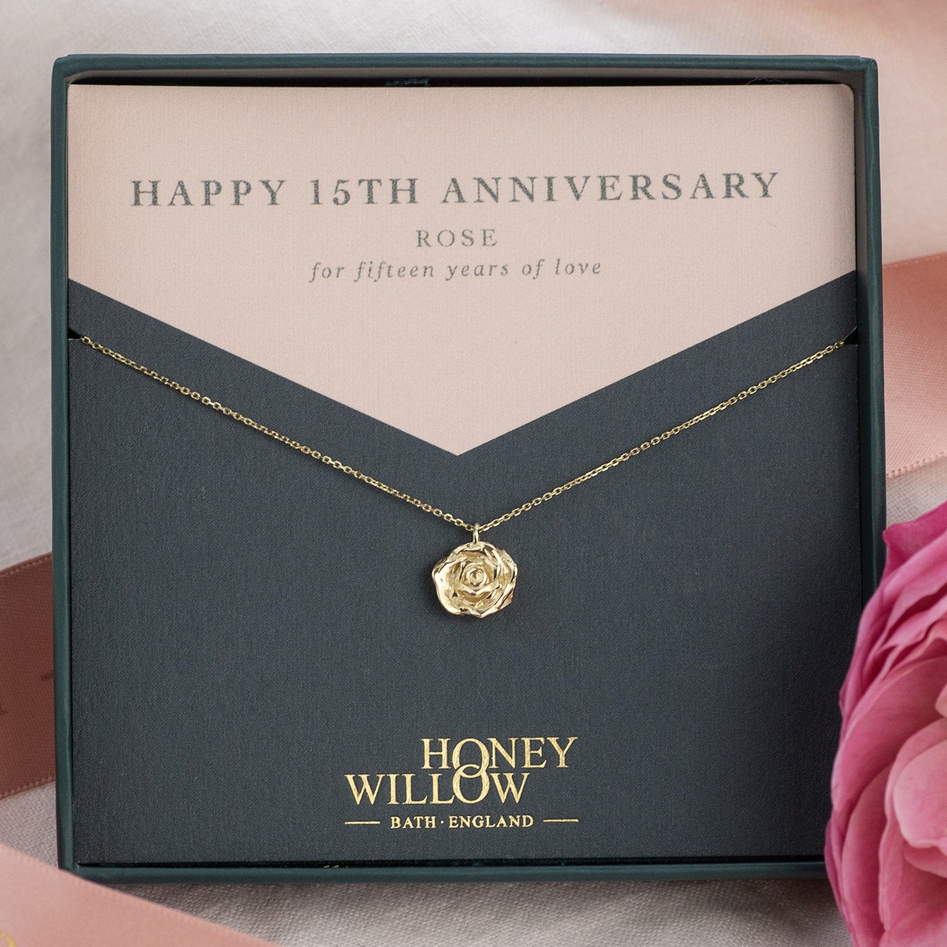 15th Anniversary Gift - Rose Necklace - 9kt Gold