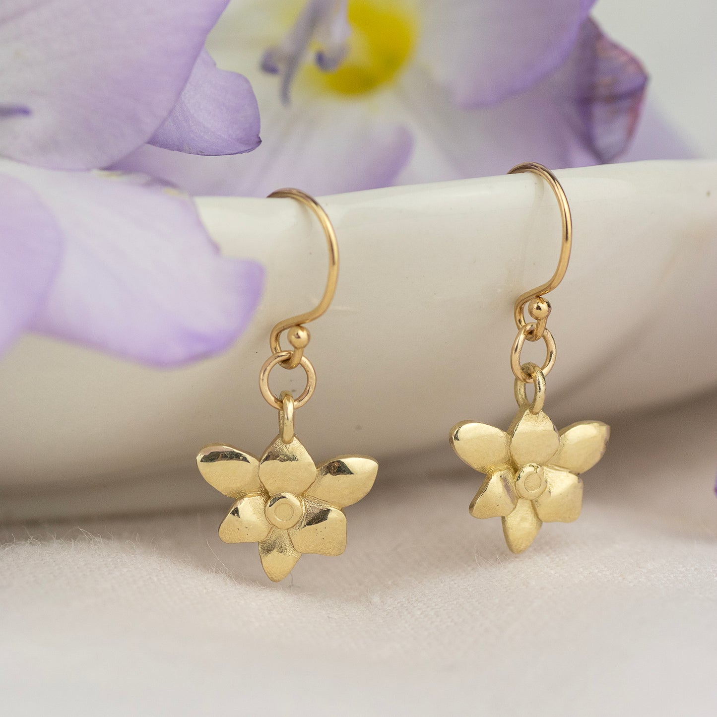 7th Anniversary Gift - Freesia Flower Earrings - 9kt Gold