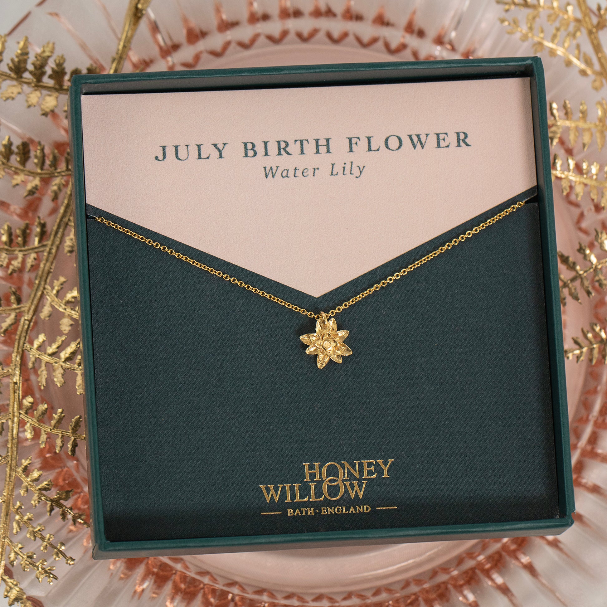 July Birth Flower Necklace - Water Lily - Gold