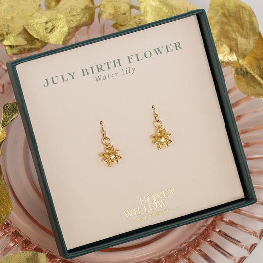 July Birth Flower Earrings - Water Lily - Gold