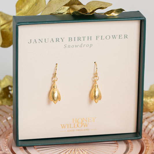 January Birth Flower Earrings - Snowdrop - Gold