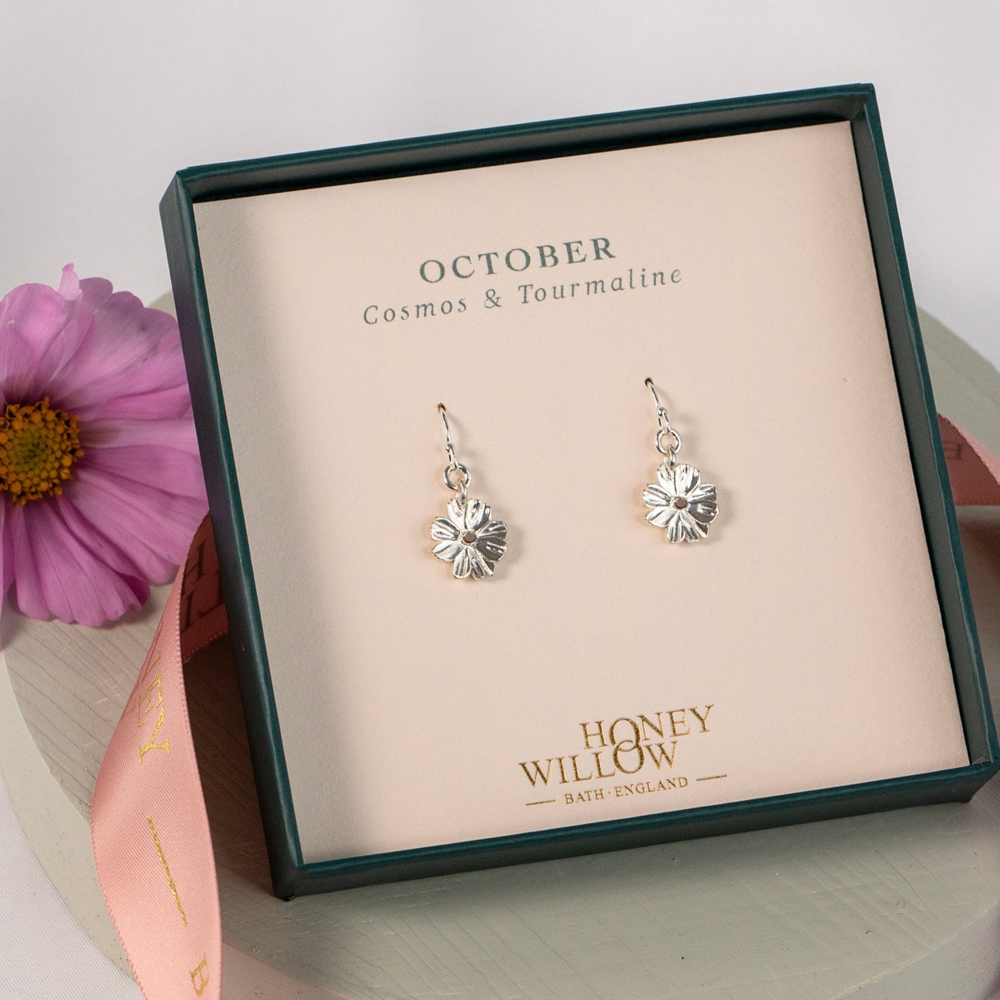 October Birth Flower & Birthstone Earrings - Cosmos & Tourmaline - Silver