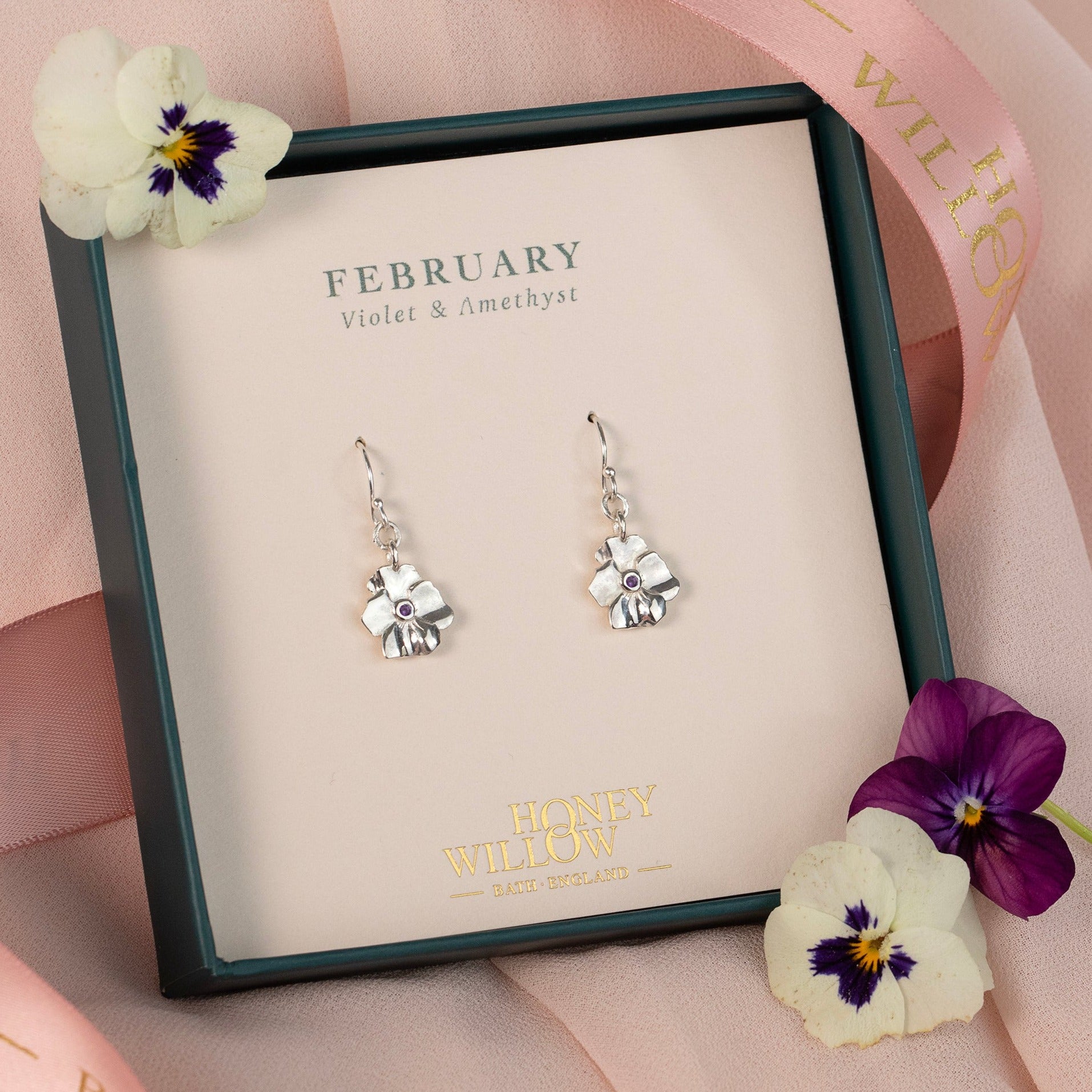 February Birth Flower & Birthstone Earrings - Violet & Amethyst - Silver