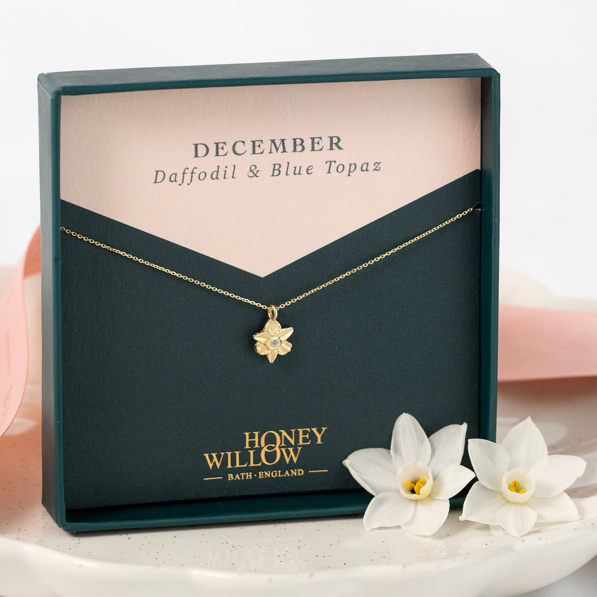 December Birth Flower & Birthstone Necklace - Daffodil & Blue Topaz - 9kt Gold
