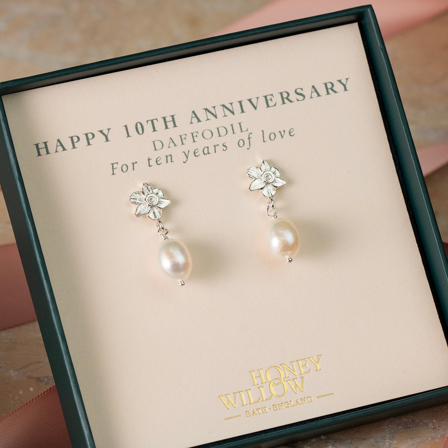 10th Anniversary Gift - Daffodil Flower Earrings - Silver & Pearl