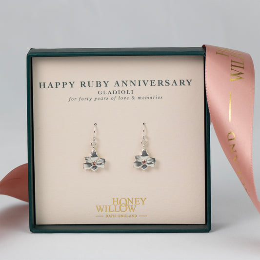 Ruby Anniversary Gift - Gladioli Flower Earrings & Ruby - Silver