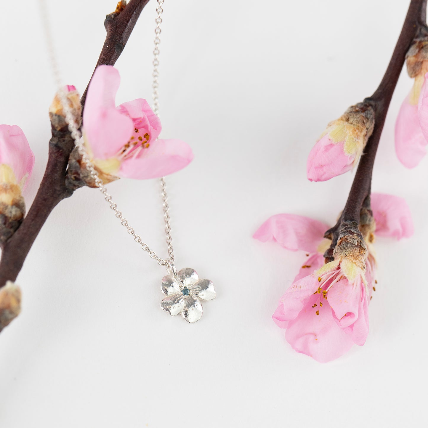 March Birth Flower & Birthstone Necklace - Cherry Blossom & Aquamarine - Silver