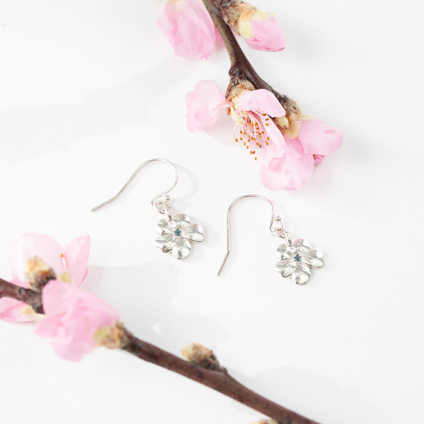 March Birth Flower & Birthstone Earrings - Cherry Blossom & Aquamarine - Silver