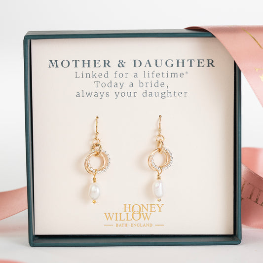 Mother of the Bride Gift - Love Knot Pearl Earrings - Silver & Gold