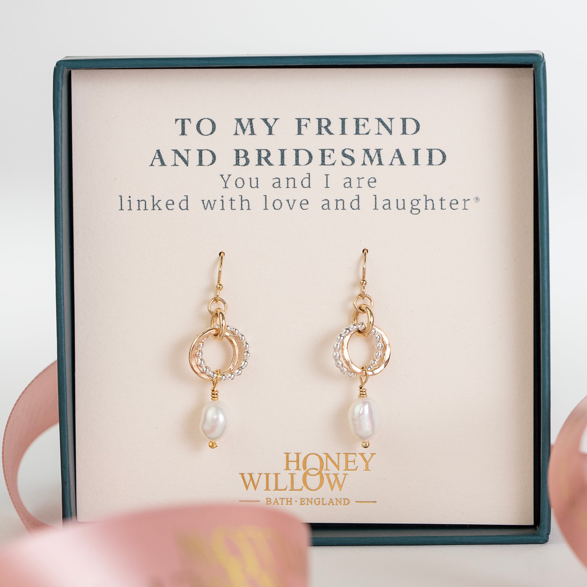  Friend & Bridesmaid Gift - Love Knot Pearl Earrings - Silver & Gold