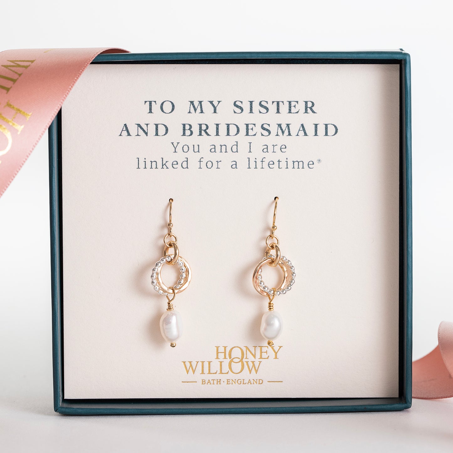 Sister & Bridesmaid Gift - Love Knot Pearl Earrings - Silver & Gold