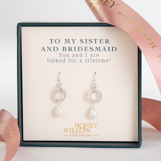 Sister & Bridesmaid Gift - Love Knot Pearl Earrings - Silver