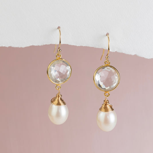 Rock Crystal & Pearl Drop Earrings - Gold - Amy