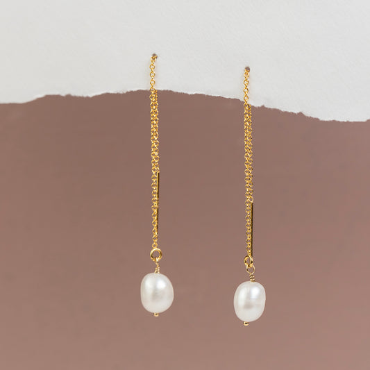 Threader Earrings with Freshwater Pearls - Silver & Gold