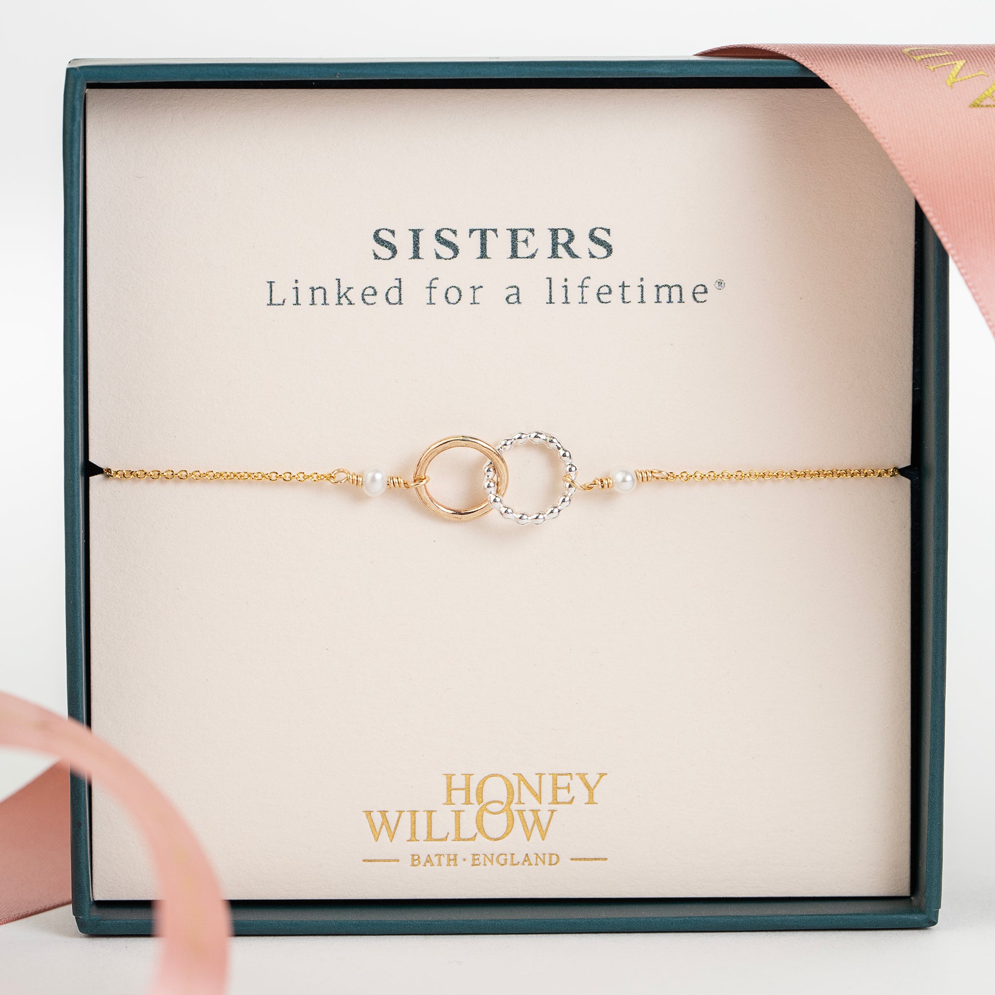 Gift for Bride from Sister - Pearl Love Link Bracelet - Silver & Gold