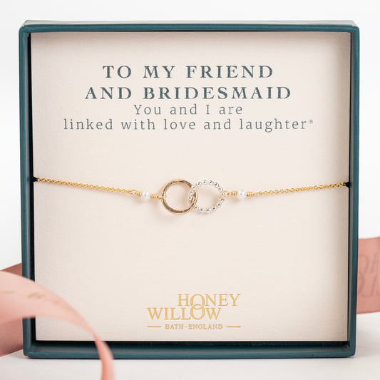 Gift for Friend & Bridesmaid - Pearl Love Link Bracelet - Silver & Gold