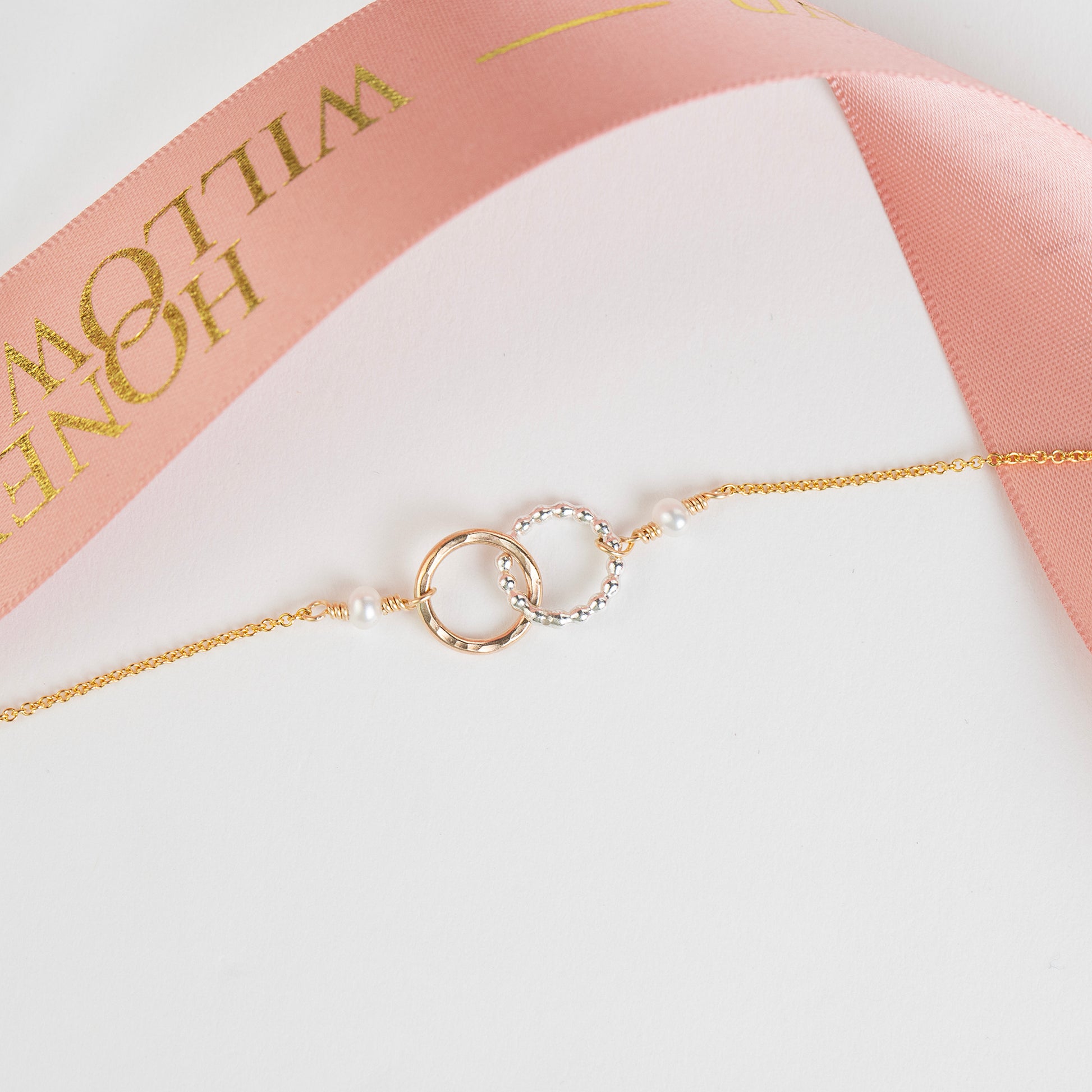 Gift for Sister & Bridesmaid - Pearl Love Link Bracelet - Silver & Gold