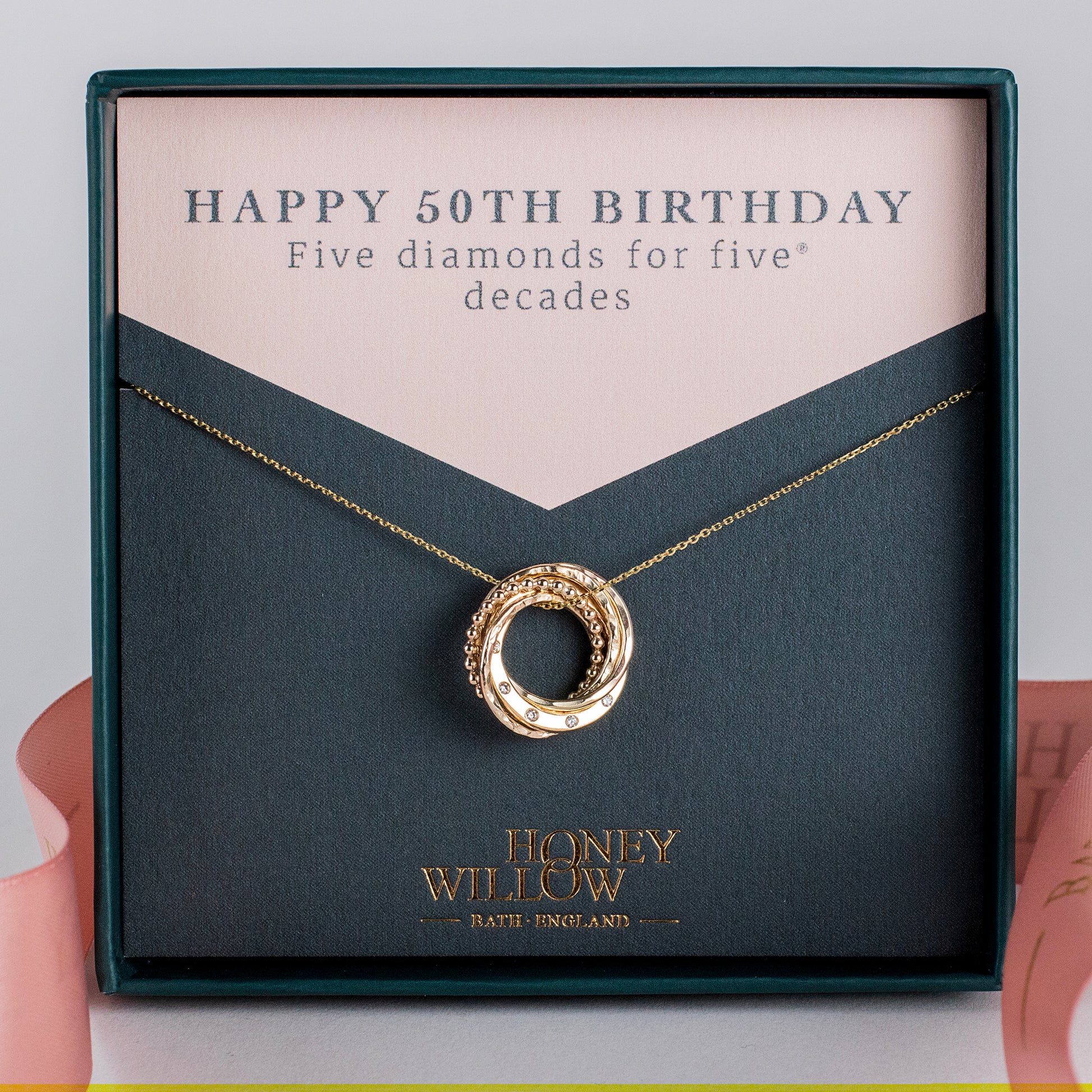 9kt 50th Birthday Necklace - 5 Diamonds for 5 Decades Necklace - Recycled Gold