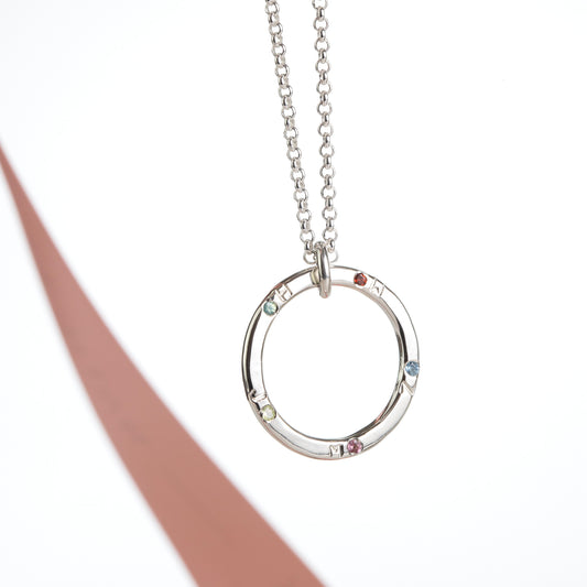 Family Circle Necklace - Birthstones & Initials - Silver