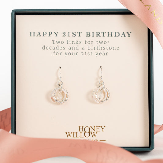 21st Birthday Earrings - Dainty Silver Double Link Birthstone Earrings