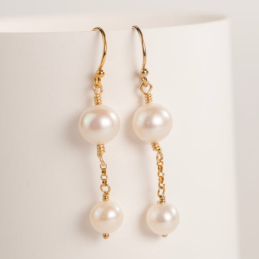 Double Pearl Drop Earrings - Silver & Gold - Juliet