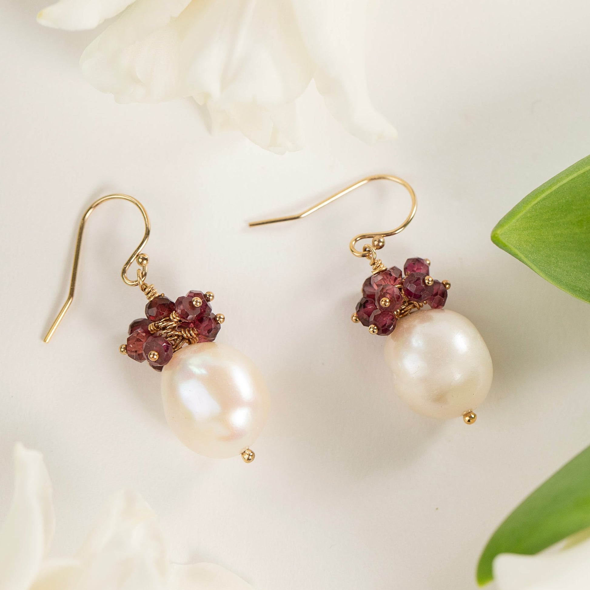 January Birthstone Earrings - Garnet & Baroque Pearl Earrings - Silver & Gold