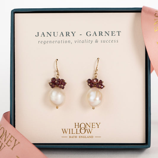 January Birthstone Earrings - Garnet & Baroque Pearl Earrings - Silver & Gold