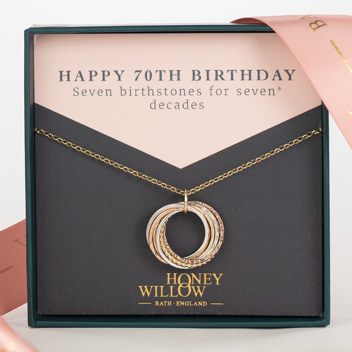 70th Birthday Necklace - The Original 7 Links for 7 Decades Necklace - 9kt Gold, Rose Gold & Silver