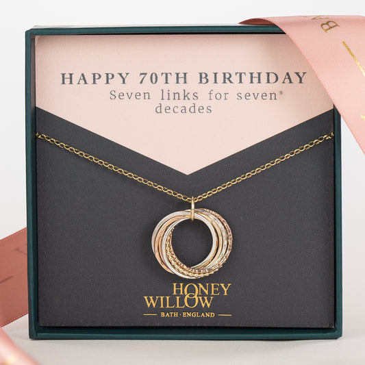 70th Birthday Necklace - The Original 7 Links for 7 Decades Necklace - 9kt Gold, Rose Gold & Silver
