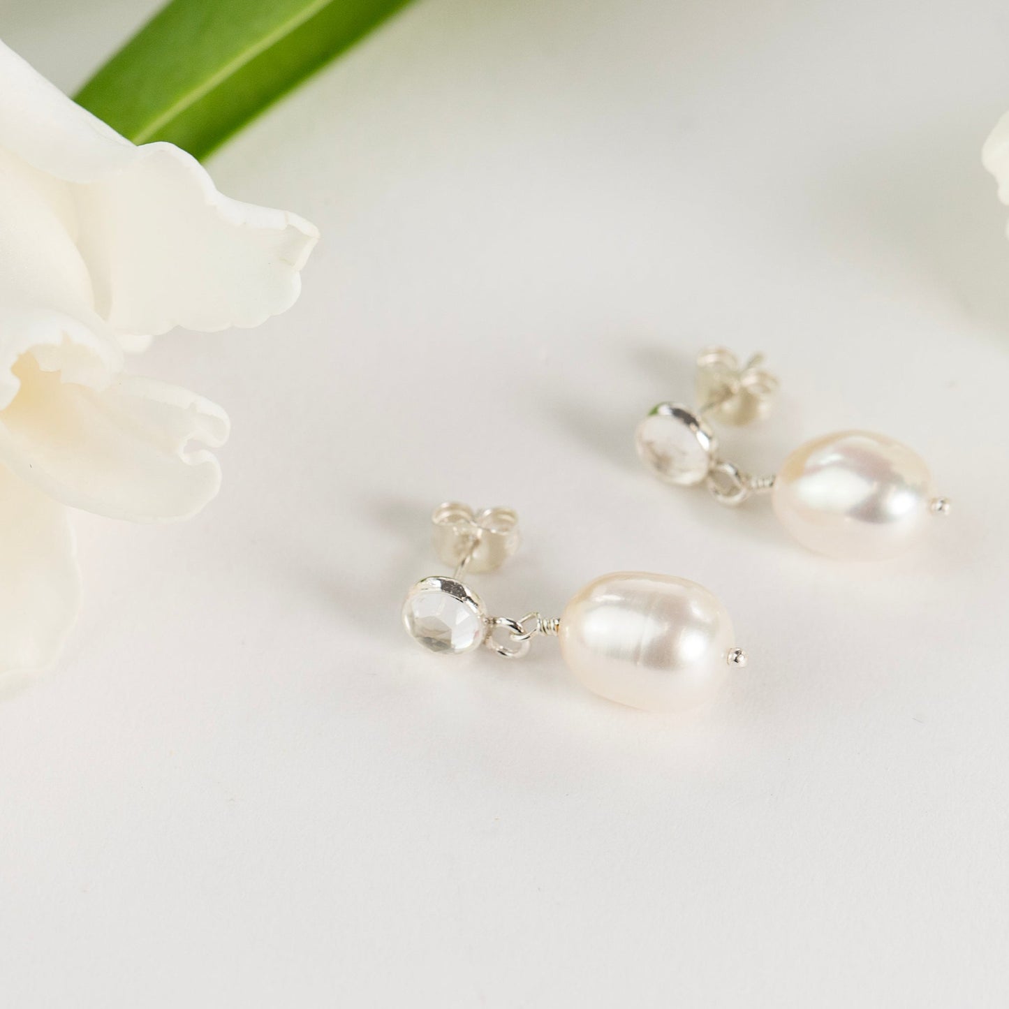 Thank You Gift - White Topaz & Pearl Earrings - Silver & Gold