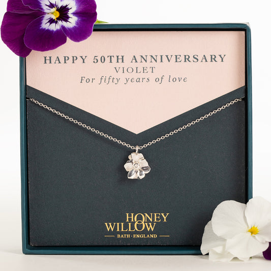 50th Anniversary Gift - Violet Flower Necklace - Silver