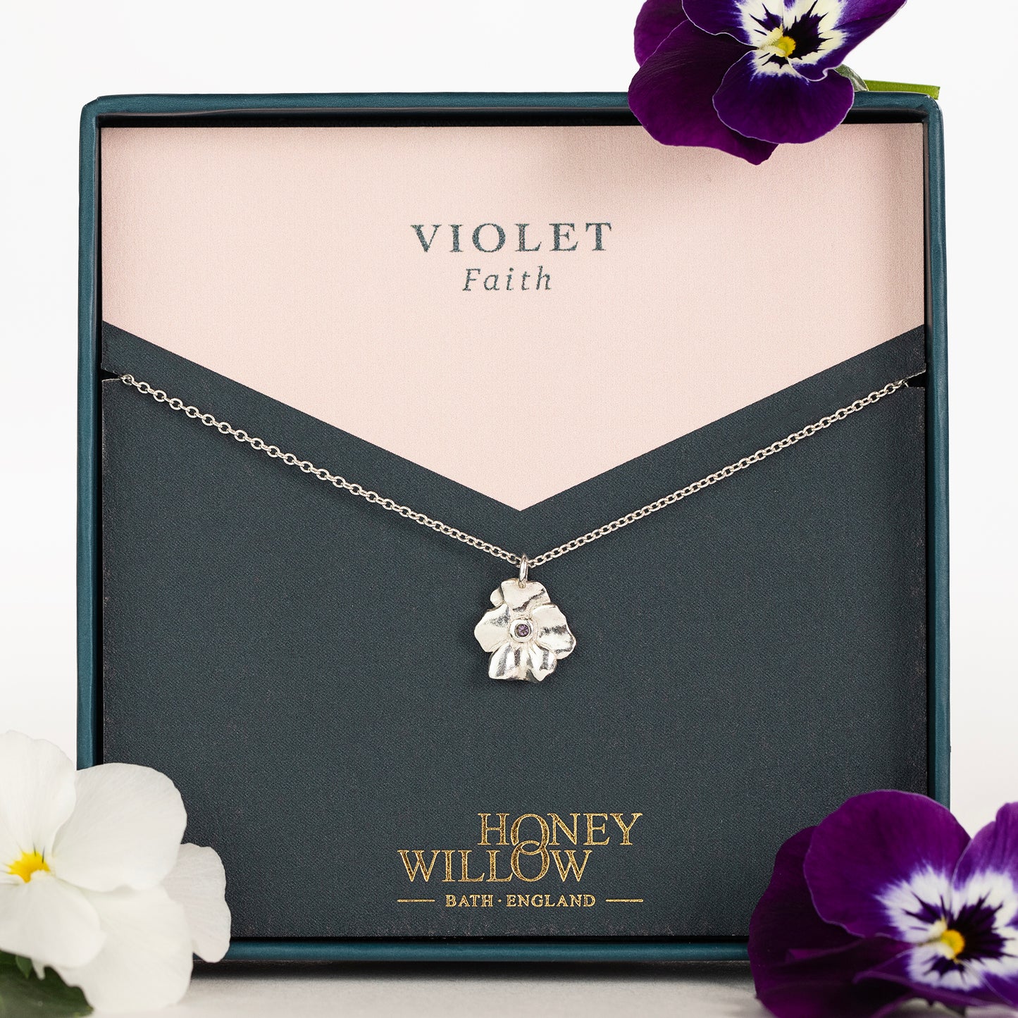 Violet Flower Birthstone Necklace - Faith - Silver