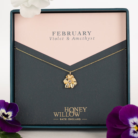February Birth Flower & Birthstone Necklace - Violet & Amethyst - 9kt Gold