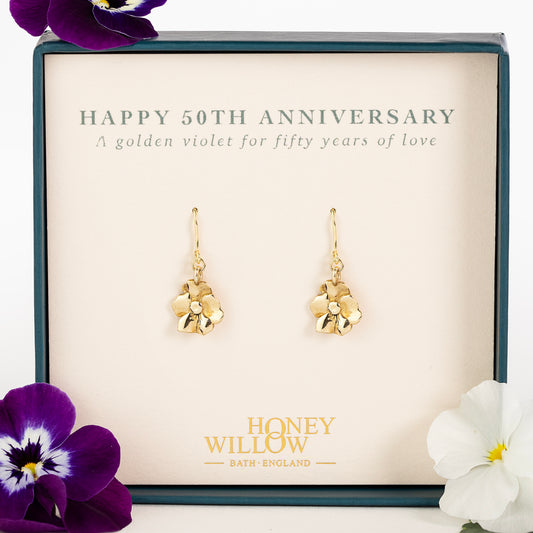 50th Anniversary Gift - Violet Flower Earrings - 9kt Gold