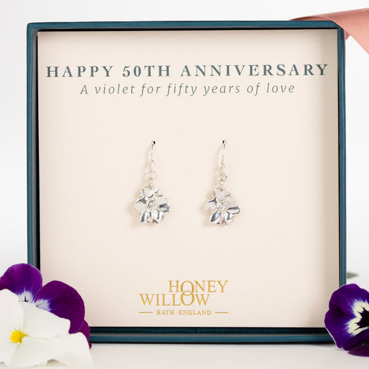 50th Anniversary Gift - Violet Flower Earrings - Silver