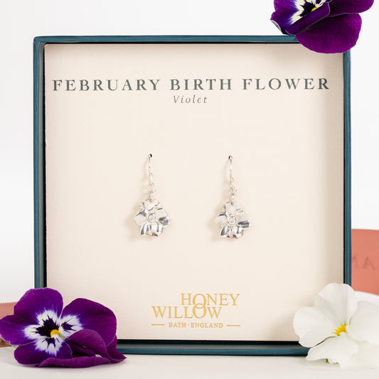 February Birth Flower Earrings - Violet - Silver