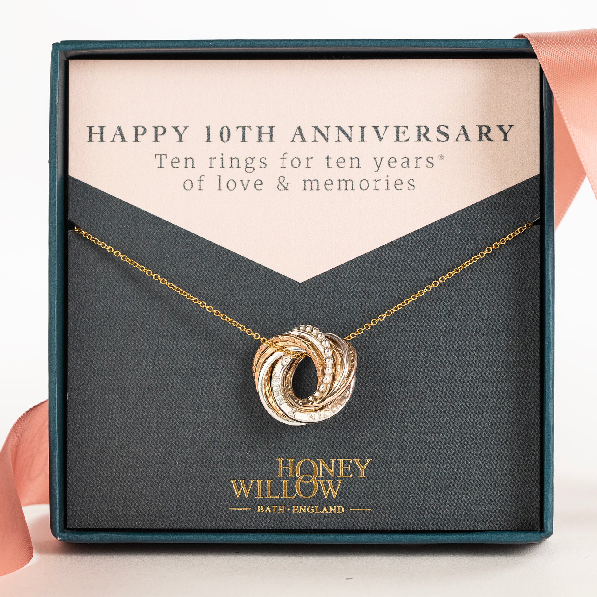 Personalised 10th Anniversary Necklace - The Original 10 Rings for 10 Years Necklace - Petite Silver & Gold