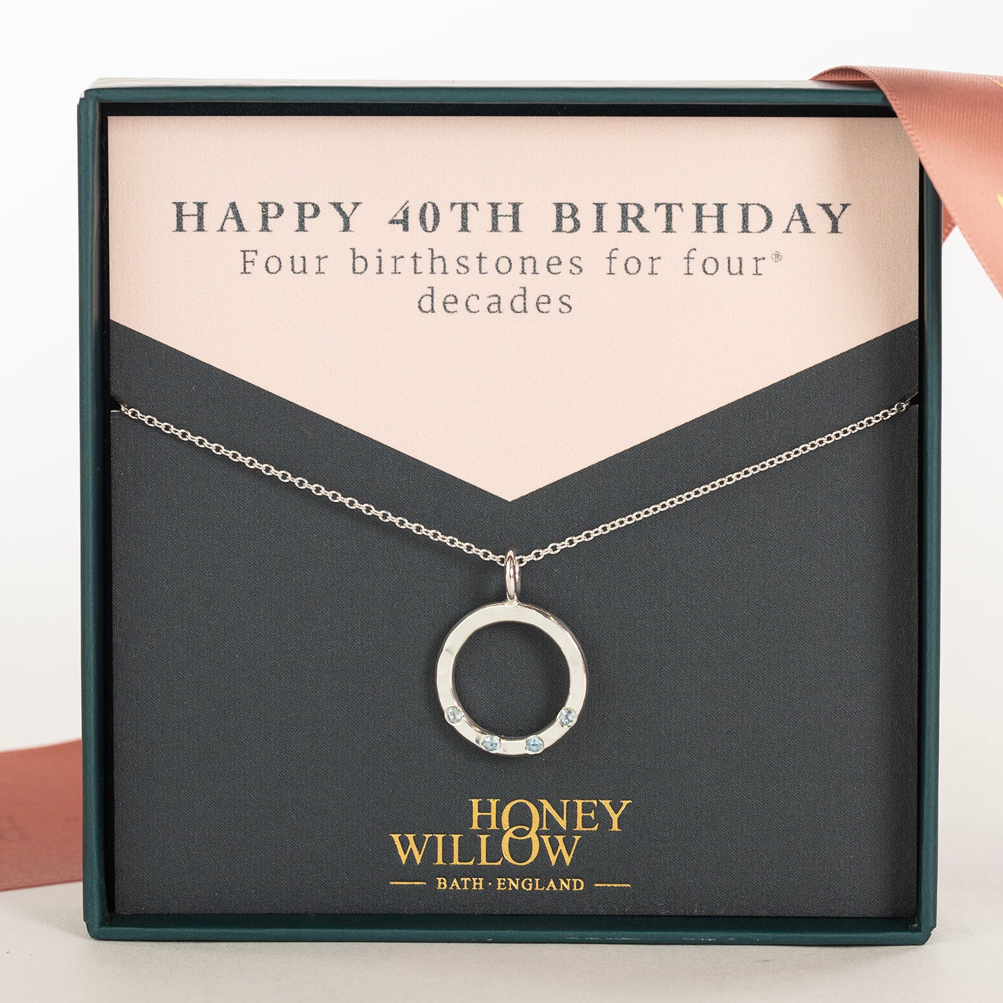 40th Birthday Birthstone Halo Necklace - 4 Birthstones for 4 Decades - Silver