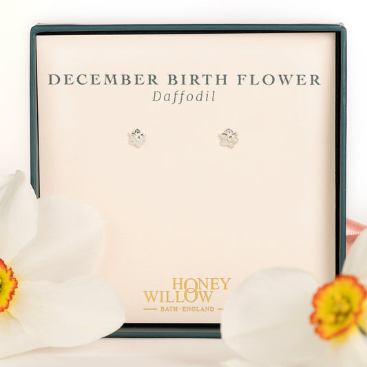 December Birth Flower Stud Earrings - Daffodil - Silver