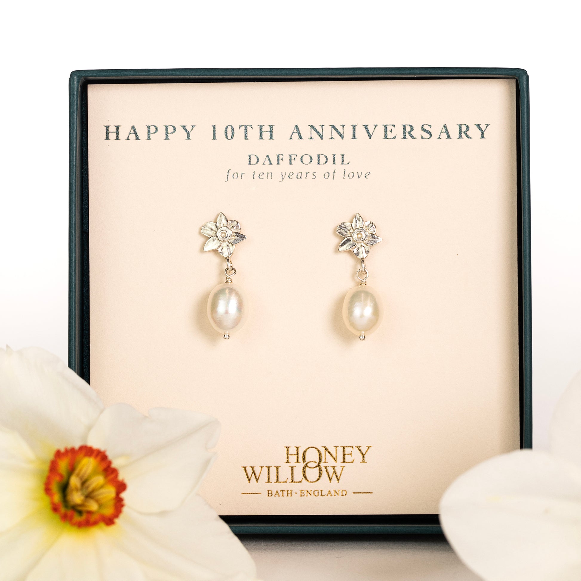 10th Anniversary Gift - Daffodil Flower Earrings - Silver & Pearl